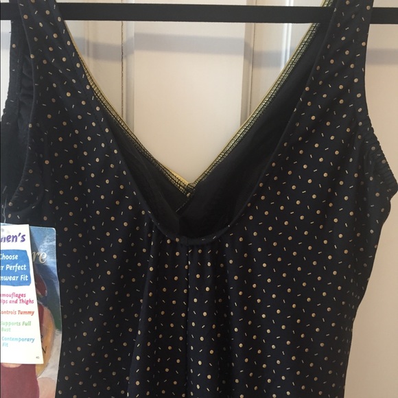 Vintage One piece bathing suit w gold polka dots and trim 1990's - Picture 5 of 6